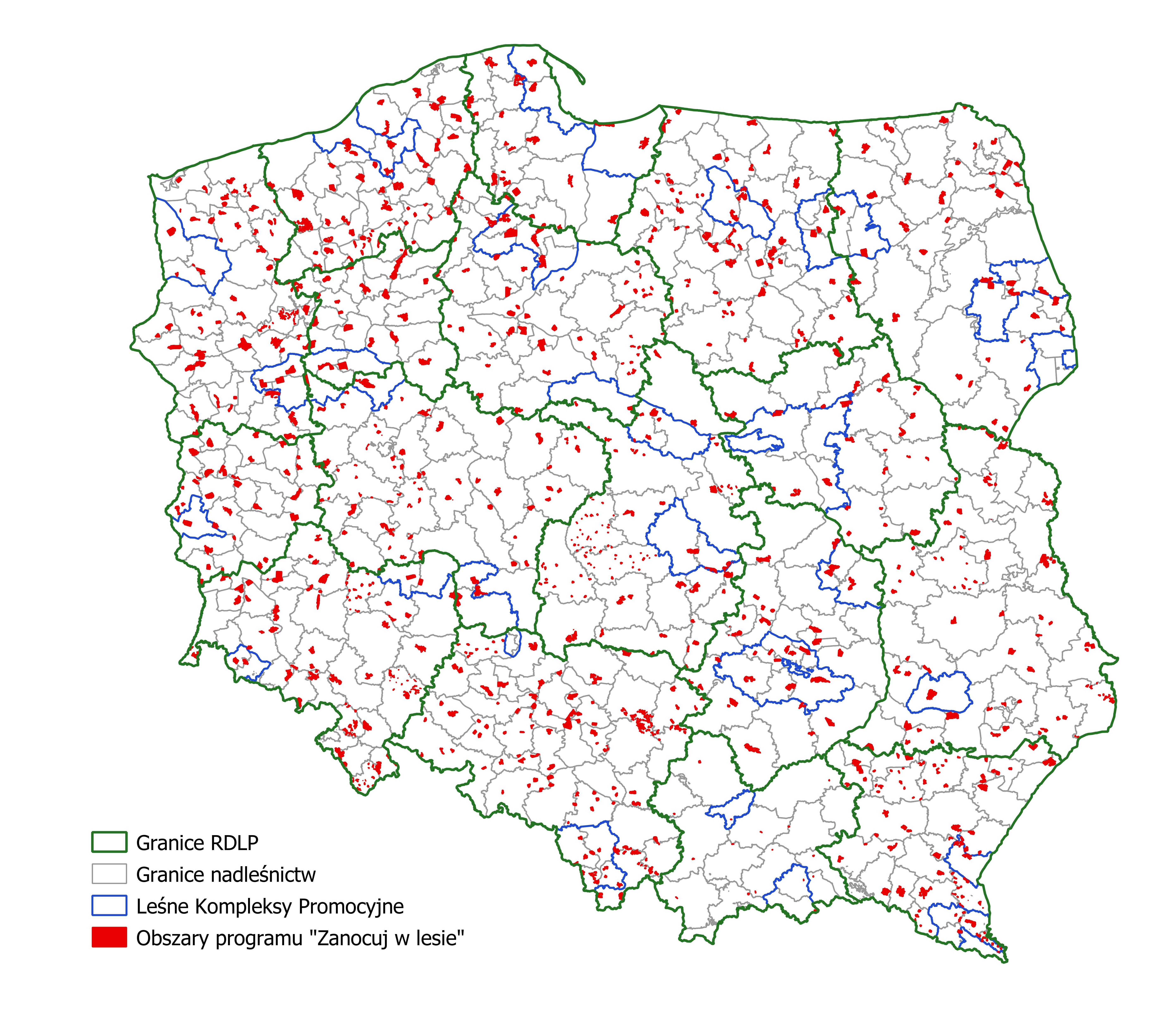 Mapa obszarów "Zanocuj w lesie" w Polsce
